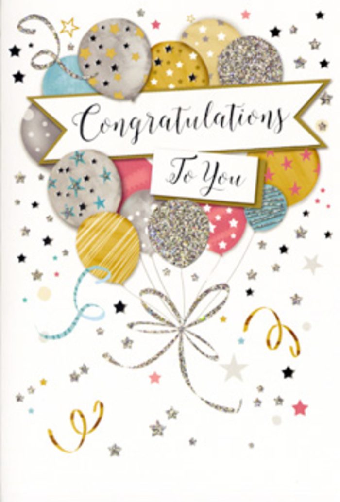 In the photograph, a vertical congratulations card is positioned neatly against a neutral background, its cover design evoking the gentle uplift of a cluster of balloons set against Stratford's bright city sky. The central artwork is a collection of illustrated balloons arranged in a loose bouquet, each one overlapping the next to form a sense of depth and fullness that mirrors a florist's hand-tied display. The balloons are shaded in a sophisticated palette of warm gold, cool silver, champagne, sky blue, soft pink, and muted grey, and decorated with fine patterns-tiny starbursts, subtle stripes, and delicate speckles that resemble scattered glitter. Their slender strings, drawn in gleaming gold and silver tones, curl and twist downward in sweeping arcs, visually anchoring the composition near the bottom edge of the card. Running horizontally through this floating arrangement is a gently curved banner, slightly unfurled, bearing the words Congratulations To You in flowing calligraphy that suggests both celebration and sincere admiration. The background is a soft, light hue, sprinkled with an airy scattering of metallic stars, miniature dots of confetti, and swirling ribbon motifs, creating the impression of movement-as though a light breeze might be drifting through the streets near Stratford station. The card's overall style is understated yet glamorous, with a modest shimmer that hints at raised, tactile ink on certain decorative details. It feels like the visual equivalent of clinking glasses after good news, without overpowering the moment. As a florist accustomed to pairing such cards with bouquets for graduations at local universities, promotions in nearby offices, or new beginnings in East Village flats, I see in this design a calm but unmistakable message of pride, encouragement, and shared joy.