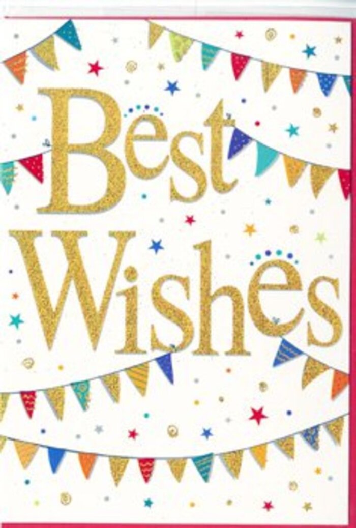 In this image, a beautifully designed congratulations card captures the essence of celebration in the heart of Stratford. The background is a pure, smooth white, allowing the colours and metallics to stand out clearly. In the centre, the words Best Wishes are written in flowing gold script that appears embossed and dusted with fine glitter. The letters have a tactile quality, their soft shimmer suggesting movement as though catching shifting daylight through the tall windows of a Stratford apartment. The script is confident yet gentle, with generous loops and curves that lend the message a personal, heartfelt tone. Above and below the central greeting, curved strands of bunting stretch across the card in wide arcs, reminiscent of festive decorations strung across a courtyard near the Queen Elizabeth Olympic Park. Each miniature pennant is a bright triangle of colour-deep blue, ruby red, leaf green, sunny yellow, and rich pink-some adorned with delicate stripes, others with tiny polka dots or abstract patterns. Interspersed among these bunting strands, small stars and confetti dots float across the white space, giving the impression of a soft cascade of celebratory sparks. The stars and dots share the same cheerful palette as the flags, creating a harmonious, balanced design that feels lively but never chaotic. The overall mood is one of positivity, encouragement, and shared delight, making the card suitable for many occasions: a promotion in Canary Wharf, passing important exams, moving into a new home near Stratford High Street, or simply sending warm thoughts to someone embarking on a fresh start. It's easy to imagine this card accompanying a bright bouquet from Flowers Stratford, completing a thoughtful, locally inspired gesture.