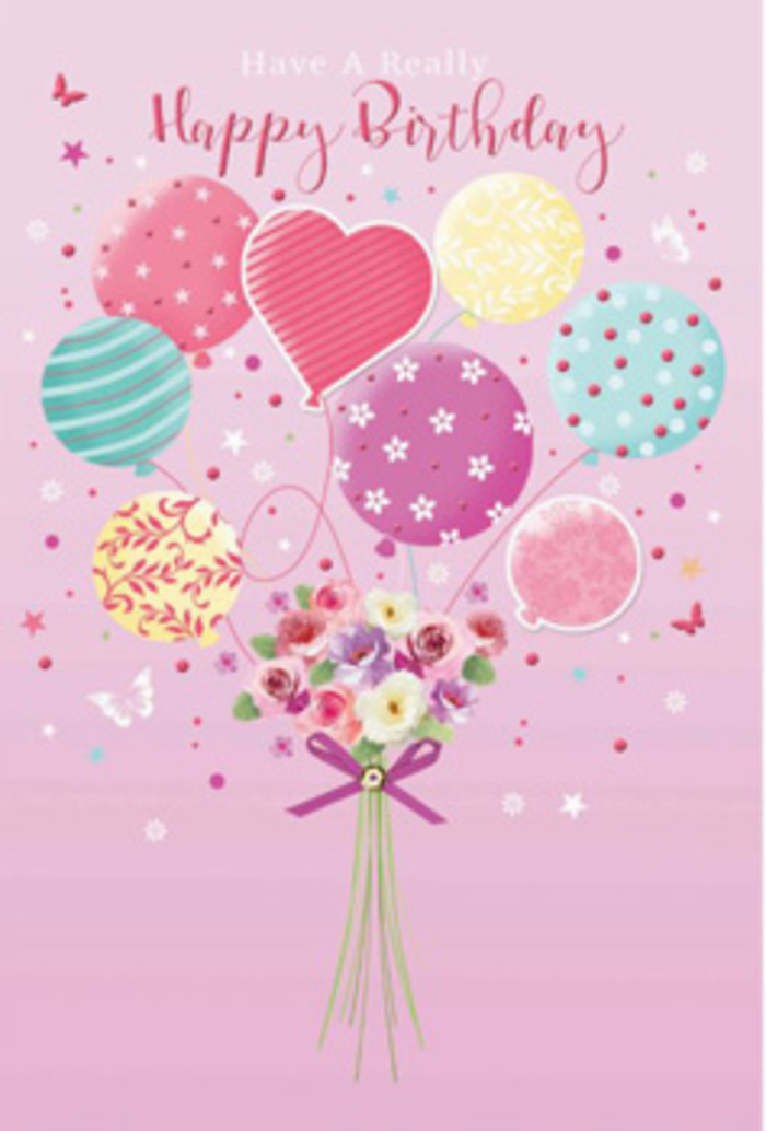 In this charming birthday image, the mood is one of gentle festivity, as if a private celebration has been captured in pastel tones above the streets of Stratford. The background is a soft, powdery pink, calm and inviting, like the sky just before sunset over the Olympic Park. Rising from the centre, a cluster of balloons in muted pastels-rose, sea-green, lemon, and lilac-floats upward with easy grace. Each balloon tells its own story: some are wrapped in candy-striped ribbons, some are dusted with light-hearted polka dots, and others display feathery, marbled swirls, reminiscent of reflections in nearby waterways. Tucked beneath this cloud of colour, a small, hand-tied bouquet forms the heart of the design. Petite roses and daisy-like flowers unfurl in shades of creamy ivory, blush, and soft fuchsia, their petals velvety and delicately shaded, as though arranged just moments ago on a florist's bench at Flowers Stratford. A satin bow in a deep, sparkling purple gathers the stems, its glossy finish reflecting tiny highlights, suggesting careful, loving craftsmanship. Around the bouquet and balloons, little butterflies and scattered star shapes hover, giving the impression of movement and lightness, like confetti caught in a breeze near Stratford Station after a celebration. You can almost imagine the soft fragrance of fresh blooms mingling with the excitement of a birthday morning. The overall feeling is one of thoughtfully curated joy: a composition that combines playful elements with refined detail, turning a simple birthday greeting into a tender expression of affection and delight, grounded in the everyday magic of East London life.