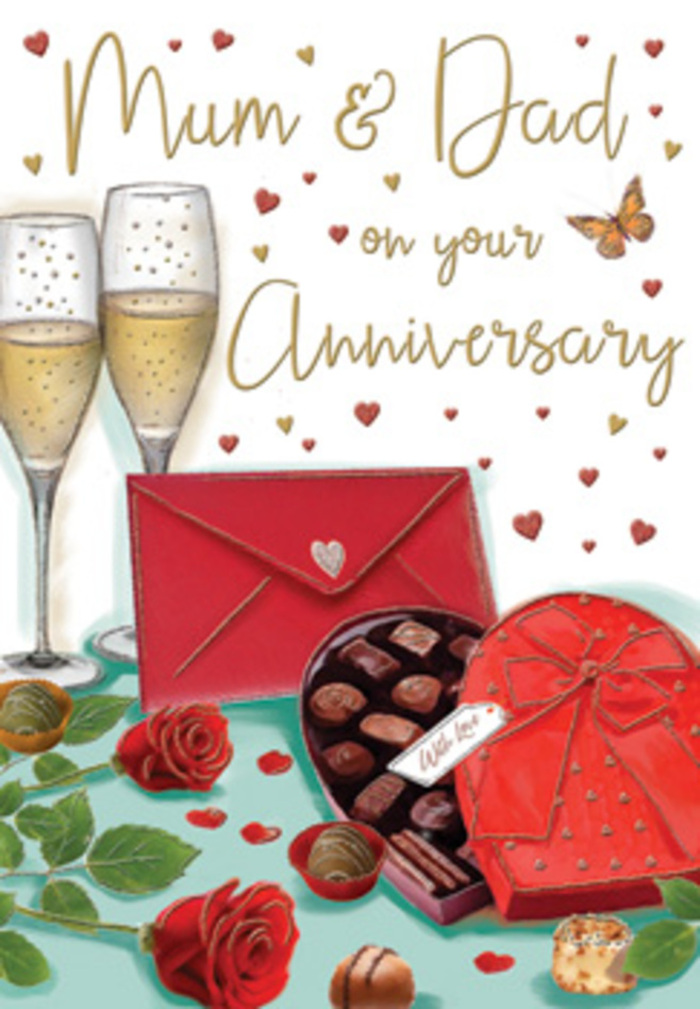 Romantic anniversary card artwork that feels like a still-life tribute to long-lasting love, the kind of moment you might see on a carefully set table in Stratford just before an evening toast. At the centre, a pair of champagne flutes stand in close harmony, their clear glass rendered with subtle highlights that catch a golden glow. Inside each glass, pale champagne sparkles with tiny bubbles, frozen as they rise, conveying a sense of imminent celebration. To one side, a heart-shaped chocolate box in a rich, ruby red tone lies open, revealing neat rows of assorted chocolates, some domed, some squared, each outlined with tempting precision. Draped over the box is an opulent red bow, its loops full and indulgent, suggesting thoughtful preparation for a special occasion. Two deep red roses rest gracefully nearby, their petals velvety and lush, so lifelike you can almost imagine the familiar scent of a fresh bouquet purchased from a local Stratford florist. Scattered chocolates dot the tabletop, adding a casual, intimate feel, as though the treats are already being enjoyed. In the foreground, a striking scarlet envelope hints at a handwritten, personal message-perhaps an anniversary note read together after a walk by the Olympic Park. Above and around this tableau, small crimson and metallic-gold hearts float across a warmly shaded background, echoing the soft glow of city lights. The composition radiates affection, gratitude, and continuity: champagne for toasting, chocolates for sharing, roses for romance, and words of love for parents whose journey together has shaped the family's story in Stratford.