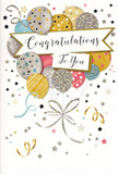 A tall, elegant congratulations card is shown in close view, its design capturing the feeling of a small celebration unfolding somewhere off Stratford High Street. The main feature is a bouquet of illustrated balloons that seems to rise straight from the lower edge of the card, arranged in a soft, overlapping cluster. Each balloon is rendered in gently luminous tones of gold, silver, champagne, sky blue, blush pink, and soft grey, decorated with delicate accents-minute stars, slender stripes, and fine, glitter-like dots that give the whole composition a subtle, festive shimmer. The balloons' strings are drawn as thin, curling lines of gold and silver, looping gracefully downward before gathering at the base, echoing the tidy finish of a well-tied ribbon. Across the centre of this floating arrangement, a ribbon-style banner arcs gently, carrying the message Congratulations To You in refined, flowing script that reads as if carefully penned for a special milestone. The background is kept light and airy, dusted with small metallic stars, scattered confetti specks, and playful ribbon curls that suggest movement and celebration-reminiscent of the atmosphere around the Olympic Park when achievements are shared and cheered. The colour palette is soft but polished, with the metallic hints adding sophistication rather than flash. You can almost imagine the texture under your fingertips, with certain elements slightly raised, giving a tactile richness to the design. From a florist's perspective, this card pairs beautifully with a fresh bouquet for exam results, promotions, or new ventures in Stratford, offering a visual message of pride and happiness that remains calm, graceful, and deeply appreciative of the recipient's success.