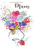 The artwork on this Mother's Day card shows a joyful, watercolour bouquet poised in a modest vase, reflecting the mix of energy and warmth that defines everyday life in Stratford. The flowers themselves are a swirl of pink tones-from delicate blush to vibrant fuchsia and deep cerise-each petal suggested by loose, fluid strokes and subtly guided by fine indigo outlines. Soft touches of cornflower blue, lavender, and muted violet thread through the composition, adding cool, calming notes that balance the bolder hues, much like a quiet side street balancing the hum of Stratford's main thoroughfares. Golden highlights shimmer along selected petals and leaves, creating small flashes of light that feel like sunshine flickering between buildings on a spring afternoon. Around the bouquet, tiny hearts and lively paint splatters drift across a clean white background, evoking a sense of celebration, shared laughter, and cherished family moments. The vase below is painted in gentle washes, its shape rounded and inviting, completed by an elegant golden bow reminiscent of the ribbons local florists tie just before a bouquet leaves the shop for same-day delivery. Together, these elements create an image that is both artistic and emotionally grounded-a floral scene that feels personal and heartfelt, ideal for expressing the deep appreciation, tenderness, and enduring bond between mother and child on Mother's Day.