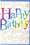 In this image, a birthday card rests as though ready to be signed before an evening celebration in Stratford, its front cover alive with colour and elegant detail. The main message, Happy Birthday, stretches boldly across the centre in large, softly rounded letters, each one rendered in a different vivid shade, progressing through a full spectrum from red and fuchsia to purple, blue, turquoise, green, yellow and orange. These colours are not flat blocks; they gently blend within each letter, creating smooth gradients that lend a plush, almost three-dimensional feel to the typography. Behind this joyful phrase, the background is entirely covered with fine gold handwriting, looping gracefully as it repeats Happy Birthday to you like a gentle refrain. The metallic ink reflects light in delicate glints, much as sunlight dances on the glass façades around Stratford's new developments, giving the design a refined, celebratory sheen. Lightly scattered across the card are tiny decorative stars and dots, echoing the hues of the main letters and suggesting the lightness of confetti drifting through the air. The surface finish appears sleek and slightly glossy, likely with subtle embossing on the main text to provide a touch of texture when handled. Although there are no floral illustrations, the rainbow of tones evokes the same joyful variety you might see in a mixed birthday bouquet from Flowers Stratford, ready for local delivery. Overall, the card feels modern, upbeat and wholeheartedly festive - the kind of greeting that stands proudly on a mantelpiece or sideboard, capturing the happiness of a birthday shared with friends and family in and around Stratford.