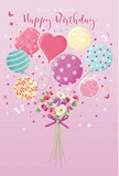 This birthday illustration captures a moment of airy joy, as if a bouquet and balloons have just been lifted into the Stratford sky by a gentle gust of celebration. The scene is set against a soothing blush-pink backdrop, which softens every colour and line into something warmly inviting. A cluster of pastel balloons rises from the centre, painted in delicate shades of pink, mint, lemon, and lilac. Some are ringed with curling stripes, others are sprinkled with cheerful dots, and a few display loose, dreamy swirls, evoking the artistic spirit found around the cultural spots near the Olympic Park. Nestled just beneath the balloons is a carefully gathered bouquet, hand-tied with the precision of an experienced Stratford florist. Roses and anemone-like blooms in creamy ivory, blush, and muted mauve gather together, petals layered and feather-soft, creating a sense of fullness despite the bouquet's petite size. A violet satin bow wraps snugly around the stems, its smooth, reflective sheen catching the same soft light that glows on the balloons above. Tiny butterflies and star-shaped accents float around the design, adding a touch of whimsy, as though the bouquet is part of a storybook birthday unfolding in E15. The mood is sweet and festive without being overwhelming-a quiet yet joyful tribute to someone special. It conjures the sensation of opening a birthday card that feels thoughtfully chosen, perhaps tucked alongside real flowers delivered to a home near Stratford Centre, making the recipient feel noticed, loved, and celebrated.