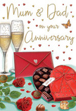Detailed anniversary card illustration capturing the essence of a cosy celebration in Stratford, perfectly suited for honouring Mum and Dad. The centre of the design is dominated by two slim, elegant champagne flutes, standing shoulder to shoulder, filled with golden champagne that sparkles with tiny suspended bubbles. The glasses are lit with a gentle warmth, as if by soft candlelight in a Stratford living room. Beside them, a romantic heart-shaped box of chocolates takes pride of place, painted in a luxuriant red and opened wide to reveal a neatly ordered selection of glossy chocolates. Resting atop the lid is a large red bow, its smooth, curved loops adding a sense of festivity and touchable softness. Two sumptuous red roses lie nearby, their velvety petals fully open, capturing the feel of freshly cut blooms delivered from Flowers Stratford to a local home. A few chocolates are artfully scattered on the table surface, hinting at shared treats and relaxed laughter. At the front of the composition, a bold crimson envelope invites curiosity, clearly meant to hold a handwritten anniversary message brimming with affection and thanks. Floating throughout the warm-toned background are tiny crimson and gold hearts, echoing the joyful energy of celebrations along Stratford High Street. Altogether, the scene feels like a visual toast to enduring love: the gentle clink of glasses, the sweetness of chocolate, the romance of roses, and the quiet, heartfelt acknowledgement of years spent side by side, building a life and family together.